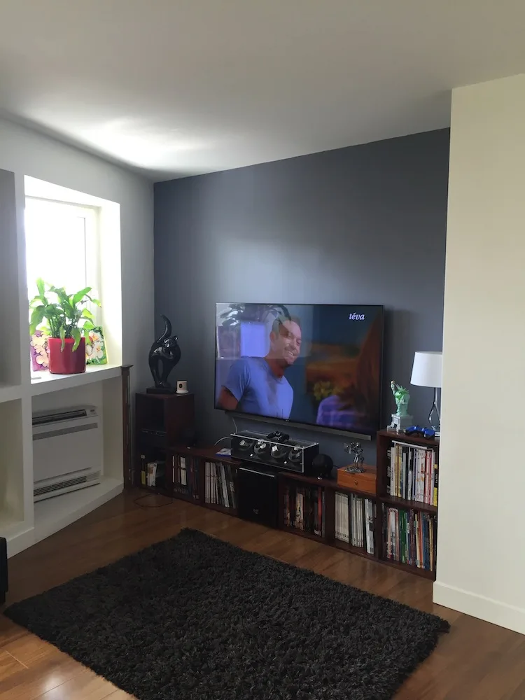 Coin TV avec mur gris et étagère de disques avant décoration – appartement Charenton-le-Pont
