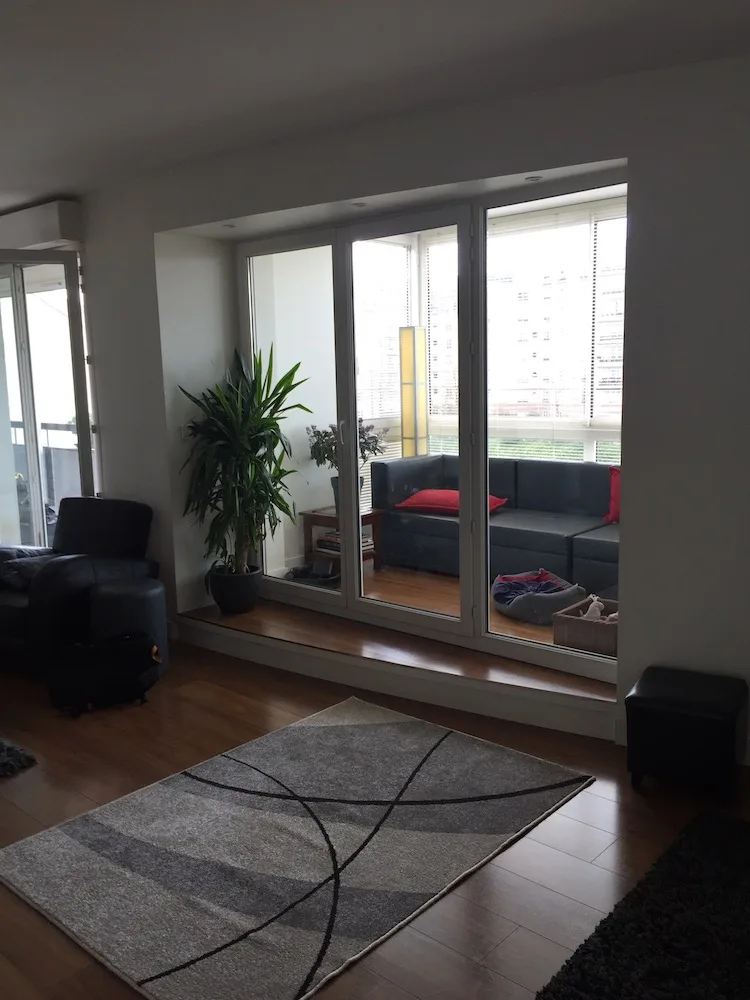 Séjour avec baie vitrée et tapis gris avant décoration – appartement Charenton-le-Pont