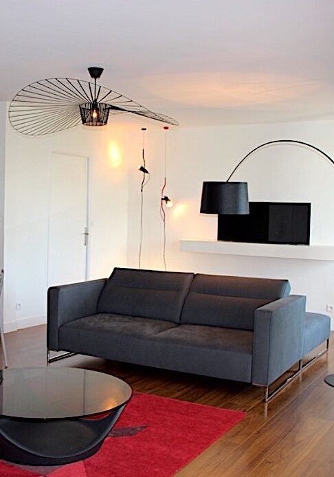 Aménagement & décoration intérieure d'un appartement - Charenton Le Pont 2 Salon contemporain avec canapé gris, tapis rouge et suspension noire – décoration Charenton-le-Pont