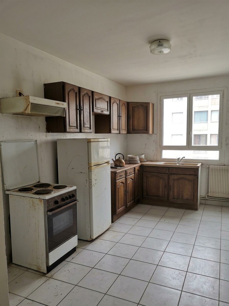 Cuisine avant rénovation d'un appartement à Paris 16 : meubles en bois foncé et carrelage blanc