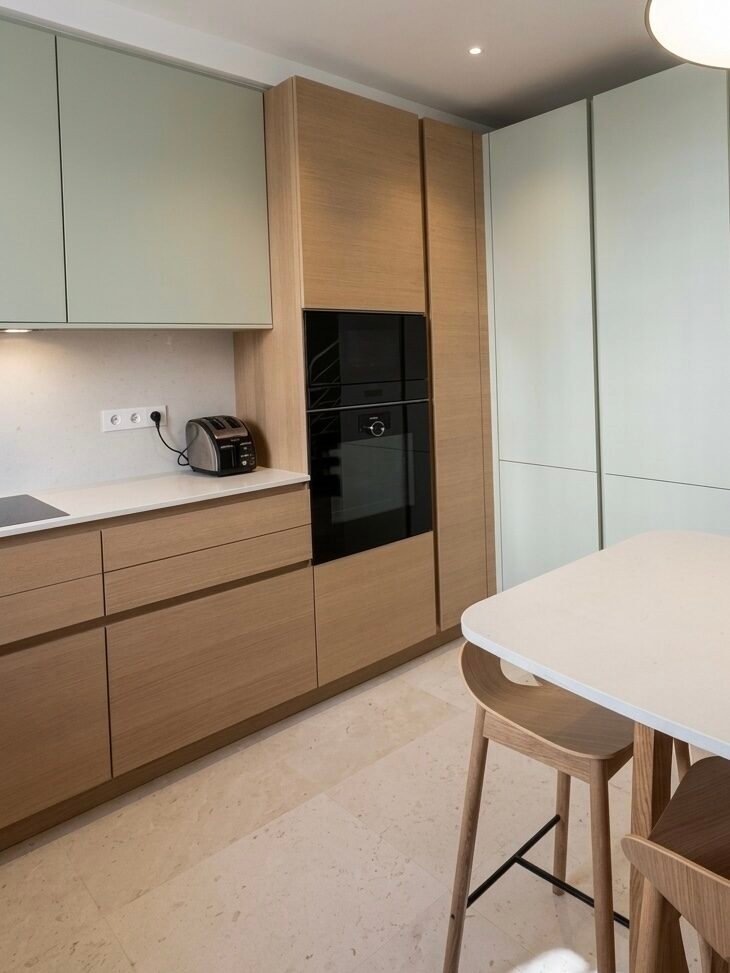 Aménagement d'une maison et rénovation de cuisine – Charenton-le-Pont 4 Colonnes de cuisine en chêne naturel et laque vert sauge avec électroménager encastré – maison rénovée à Charenton-le-Pont