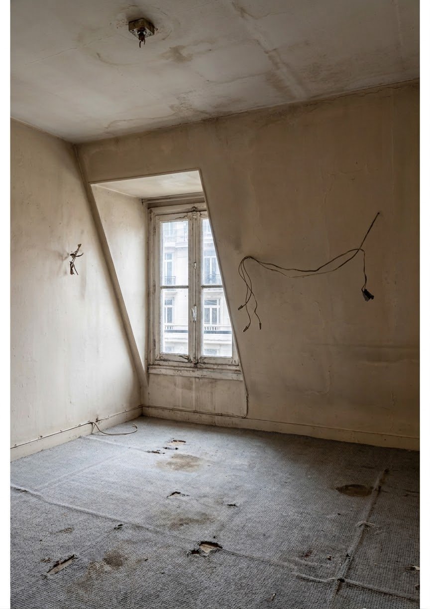 Pièce mansardée délabrée avec fenêtre avant rénovation – combles Paris 17