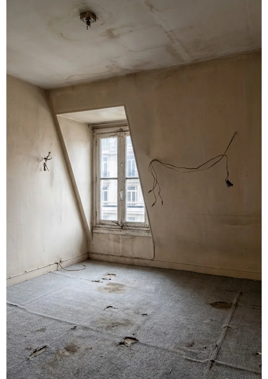 Pièce mansardée délabrée avec fenêtre avant rénovation – combles Paris 17
