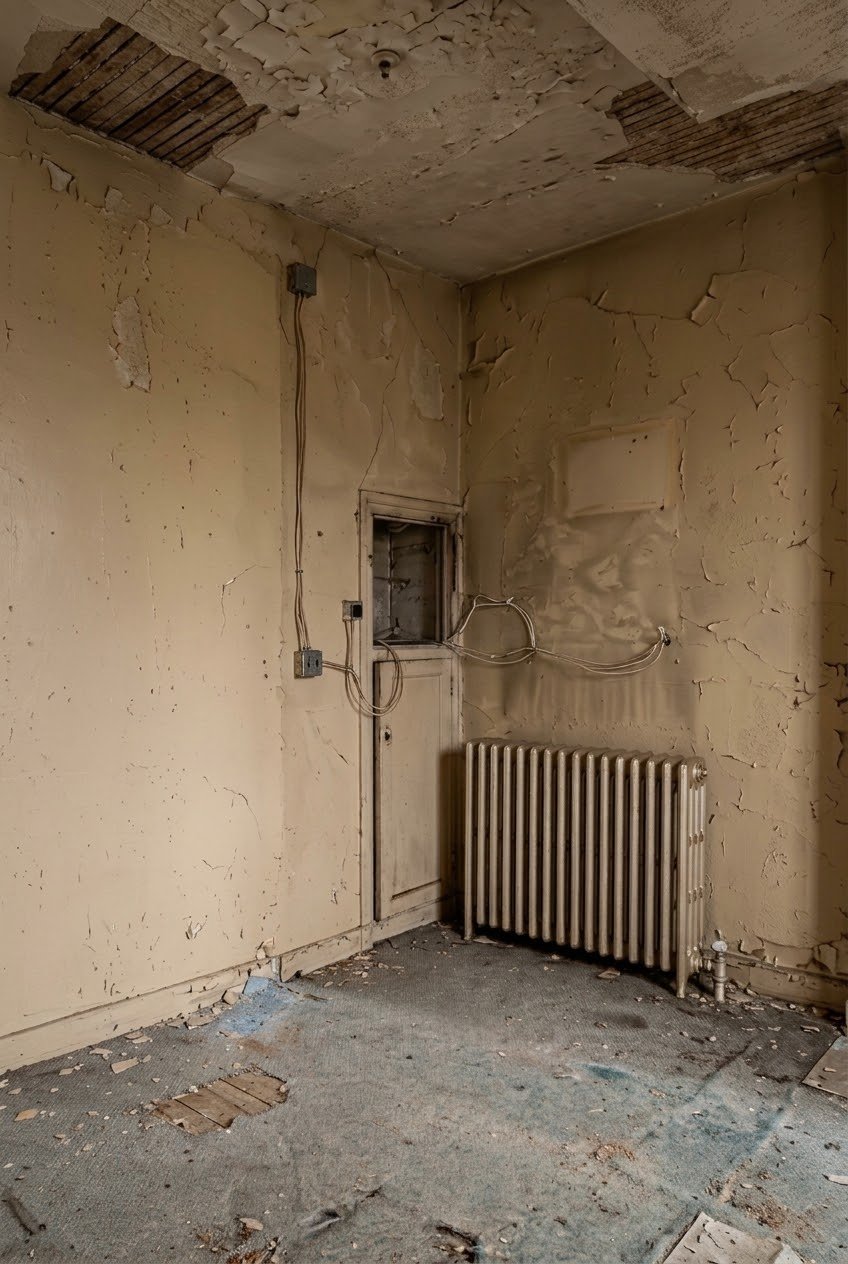 Pièce sous combles abîmée avec radiateur ancien avant rénovation – Paris 17