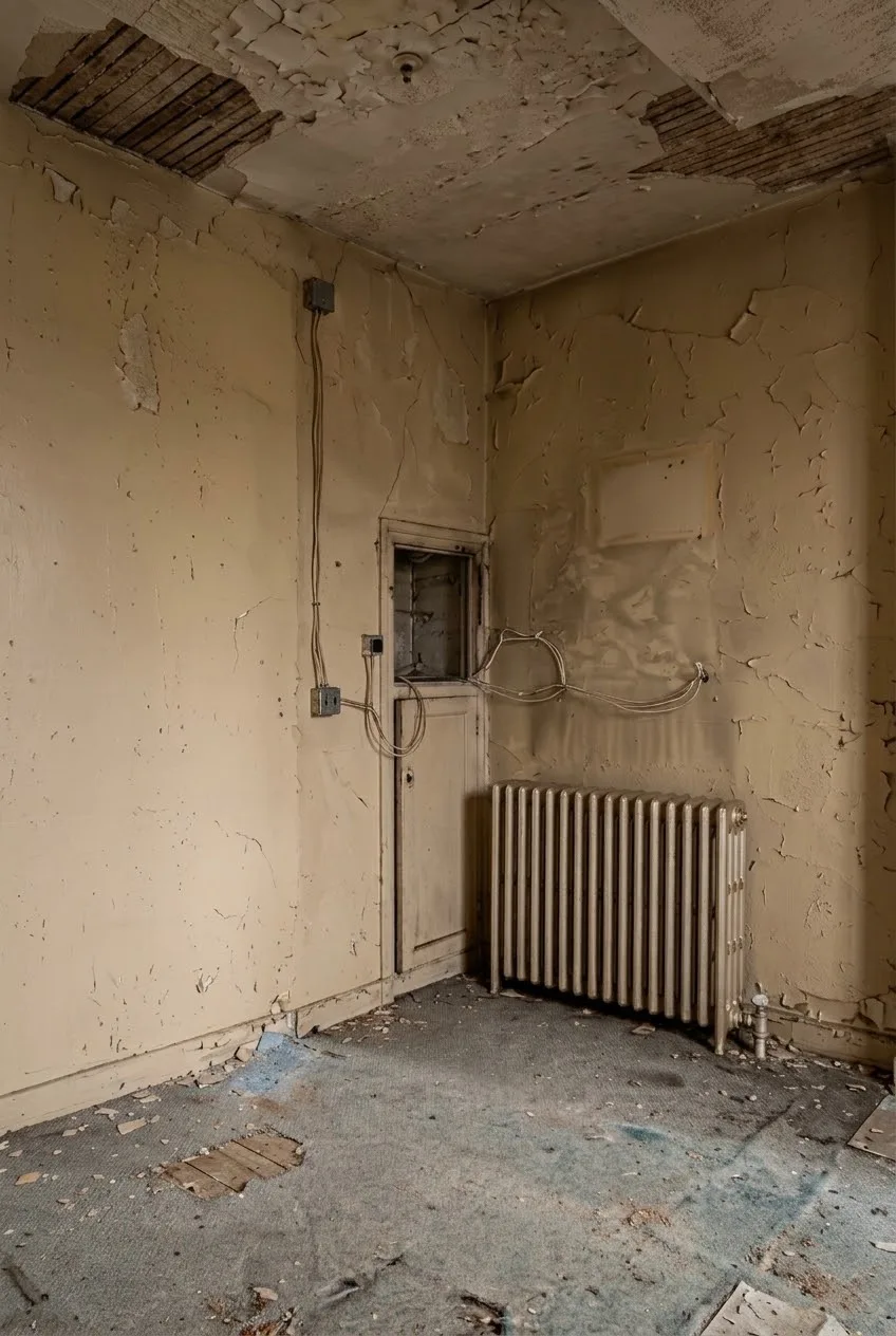 Pièce sous combles abîmée avec radiateur ancien avant rénovation – Paris 17