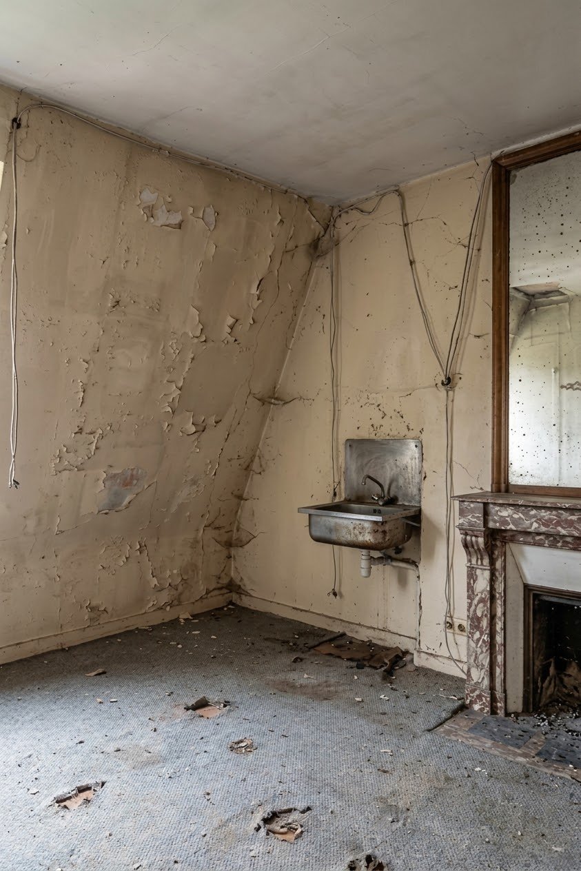 Chambre de service avec cheminée et lavabo avant rénovation – combles Paris 17