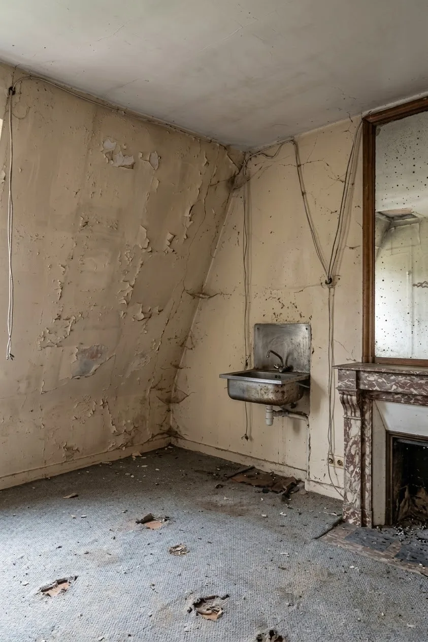 Chambre de service avec cheminée et lavabo avant rénovation – combles Paris 17