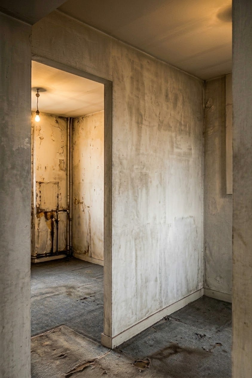 Couloir de chambres de service insalubre avant rénovation – combles Paris 17