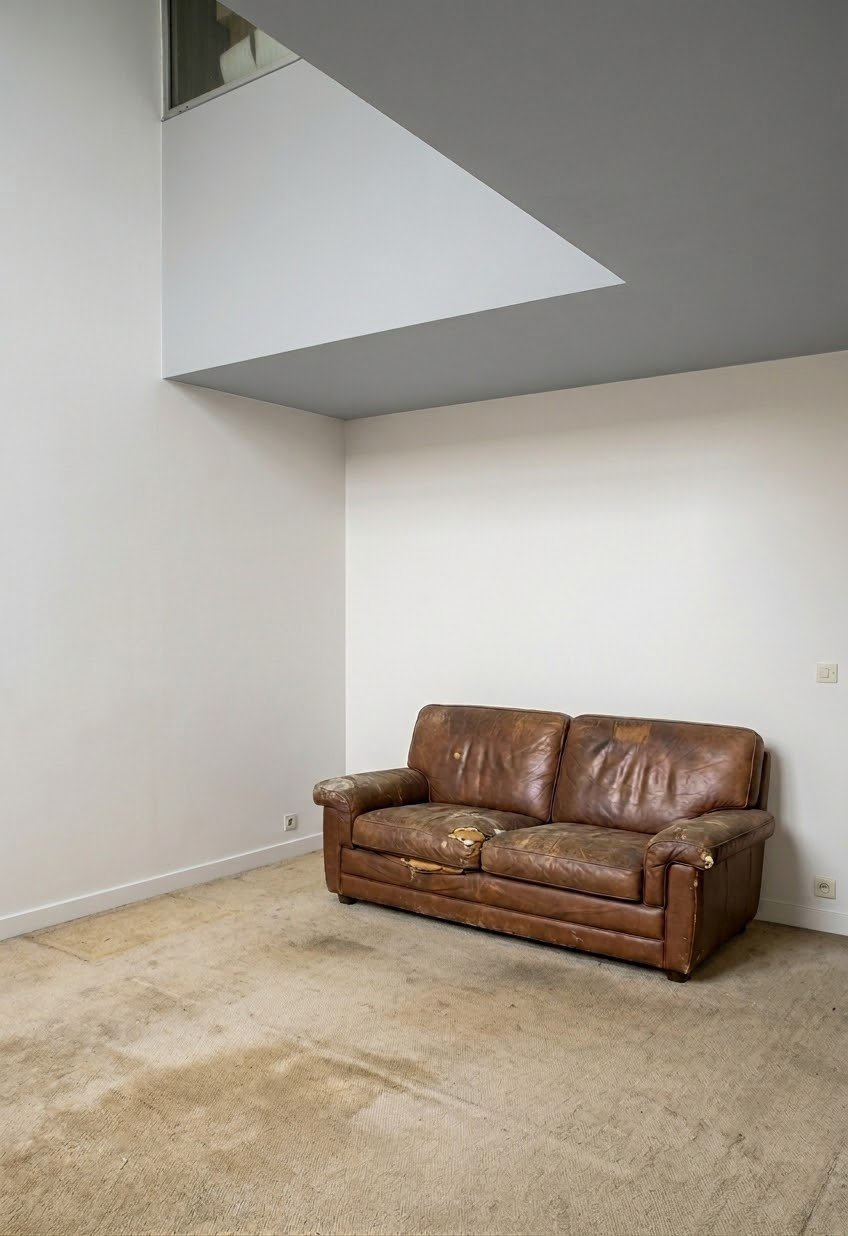 Pièce de vie avec vieux canapé en cuir et moquette avant rénovation – appartement Paris 13