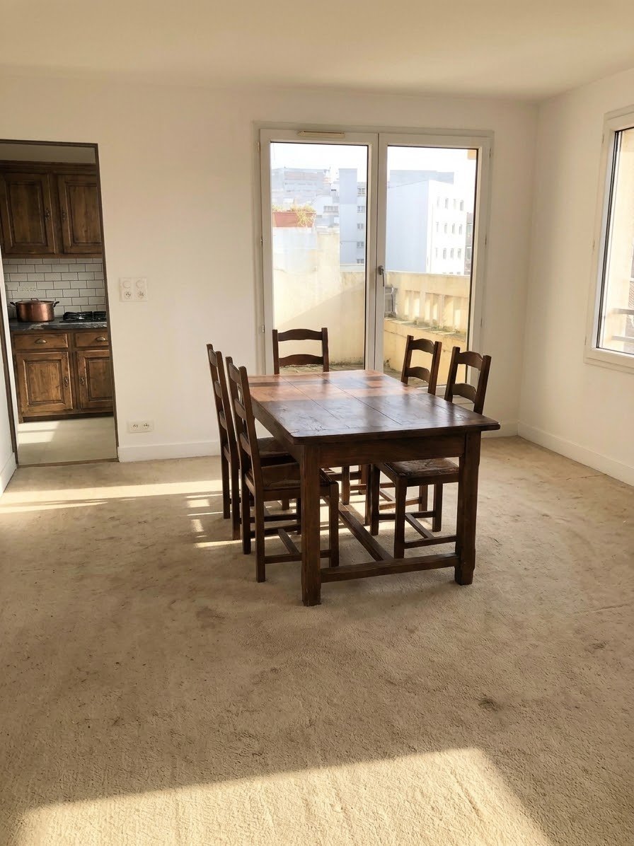 Salle à manger avec table en bois foncé et moquette avant rénovation – appartement Paris 13