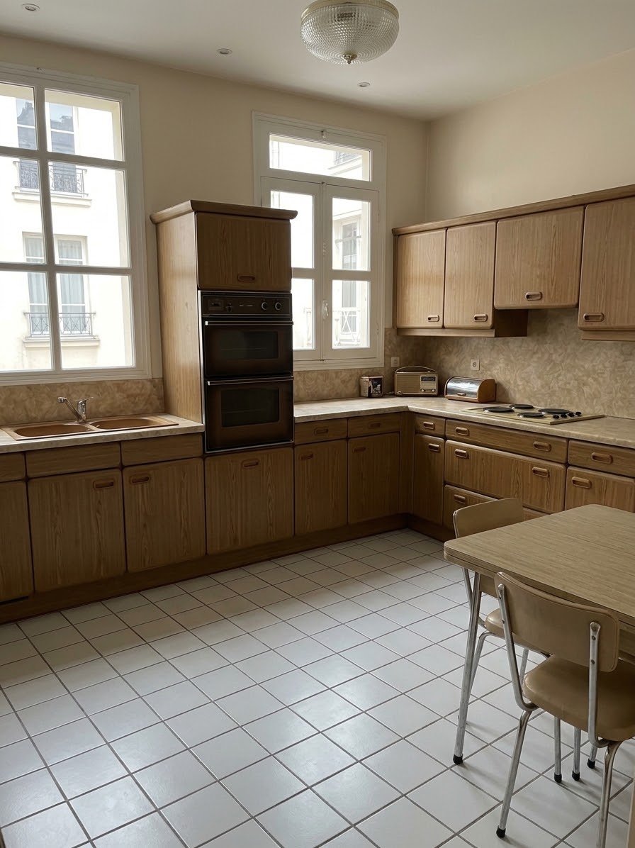 Cuisine en bois et carrelage blanc avant rénovation – appartement haussmannien Paris 16